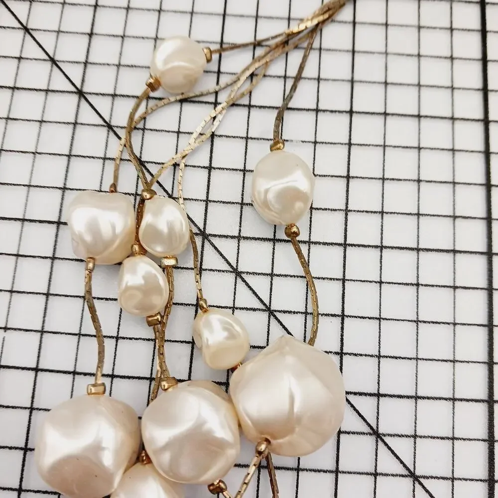 Necklace Multi Strand Faux Pearl Gold Tone Statement Bib Bridal Formal Baroque